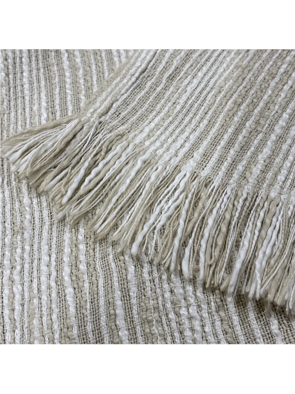 Crate & Barrel Fringe Throw Blanket Natural Striped Cotton 40” X 70” “Korman”